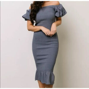 Baltic Born Alana Slate Smocked Midi Dress Womens M Off The Shoulder Puff Sleeve